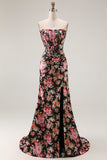 Floral Strapless Corset Black Pink Mermaid Prom Dress