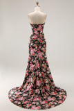 Floral Strapless Corset Black Pink Mermaid Prom Dress