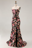 Floral Strapless Corset Black Pink Mermaid Prom Dress