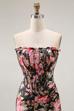 Floral Strapless Corset Black Pink Mermaid Prom Dress