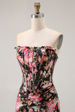 Floral Strapless Corset Black Pink Mermaid Prom Dress
