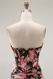 Floral Strapless Corset Black Pink Mermaid Prom Dress
