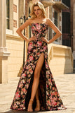Corset Strapless Mermaid Black Red Flower Long Prom Dress With Slit