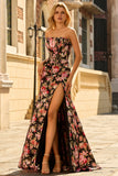 Corset Strapless Mermaid Black Red Flower Long Prom Dress With Slit
