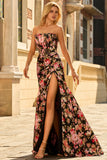 Corset Strapless Mermaid Black Red Flower Long Prom Dress With Slit