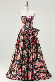 Black Pink Floral Strapless Bowed A Line Prom Dress