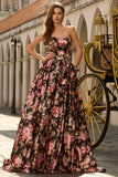 Black Pink Flower A Line Strapless Long Prom Dress