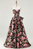 Black Pink Floral Strapless Bowed A Line Prom Dress
