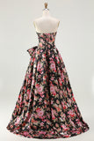 Black Pink Floral Strapless Bowed A Line Prom Dress