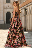 Black Pink Flower A Line Strapless Long Prom Dress