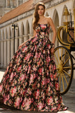 Black Pink Flower A Line Strapless Long Prom Dress