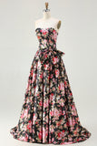 Black Pink Floral Strapless Bowed A Line Prom Dress
