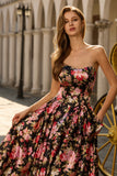Black Pink Flower A Line Strapless Long Prom Dress