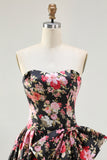 Black Pink Floral Strapless Bowed A Line Prom Dress