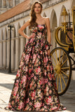 Black Pink Flower A Line Strapless Long Prom Dress