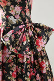 Black Pink Floral Strapless Bowed A Line Prom Dress
