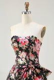 Black Pink Floral Strapless Bowed A Line Prom Dress
