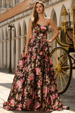 Black Pink Flower A Line Strapless Long Prom Dress