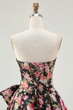 Black Pink Floral Strapless Bowed A Line Prom Dress