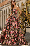 Black Pink Flower A Line Strapless Long Prom Dress