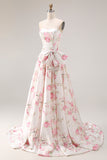 Black Pink Floral Strapless Bowed A Line Prom Dress