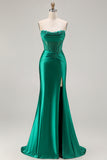 Dark Green Mermaid Corset Strapless Satin Prom Dress