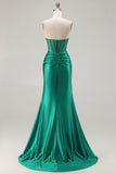 Dark Green Mermaid Corset Strapless Satin Prom Dress