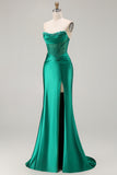Dark Green Mermaid Corset Strapless Satin Prom Dress