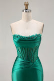 Dark Green Mermaid Corset Strapless Satin Prom Dress