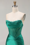 Dark Green Mermaid Corset Strapless Satin Prom Dress