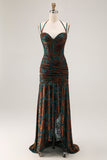 Dark Green Sheath Sweetheart Corset Long Floral Burnout Dress with Slit