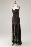 Dark Green Sheath Sweetheart Corset Long Floral Burnout Dress with Slit