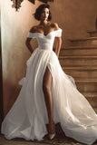 Off the Shoulder A Line White Wedding Dress with Sweep Train
