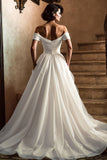Off the Shoulder A Line White Wedding Dress with Sweep Train