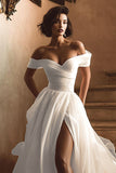 Off the Shoulder A Line White Wedding Dress with Sweep Train