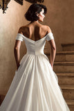 Off the Shoulder A Line White Wedding Dress with Sweep Train