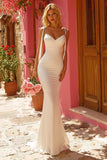Mermaid Spaghetti Straps Bowed Ivory Wedding Dress