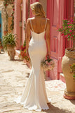Ivory Spaghetti Straps Mermaid Ruched Wedding Dress
