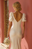 White Mermaid Ruffled Wedding Dress with Slit