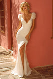 Ivory Mermaid V Neck Ruffled Wedding Dress with Slit
