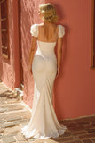 Ivory Mermaid V Neck Ruffled Wedding Dress with Slit