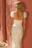 Ivory Mermaid V Neck Ruffled Wedding Dress with Slit