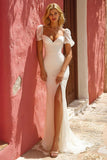 Mermaid White Ruffled Wedding Dress with Slit
