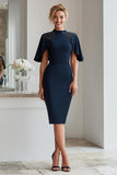 Navy Flutter Sleeve Bodycon Beaded Midi Mother of Bride Dress