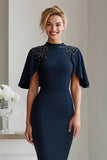 Navy Flutter Sleeve Bodycon Beaded Midi Mother of Bride Dress