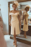 Off the Shoulder Ruched Blush Pink Mother of Bride Dress with Slit