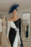 Long Sleeve Ruched Black and White Mother of Bride Dress with Sash