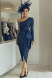 Navy One Shoulder Bodycon Midi Dress With Sash