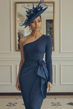 Navy One Shoulder Bodycon Midi Dress With Sash