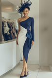 Navy One Shoulder Bodycon Midi Dress With Sash